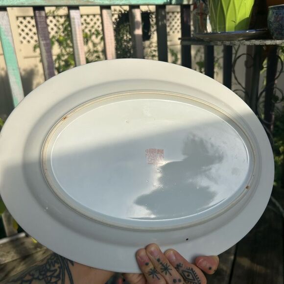 Vintage Chinese Jingdezhen Famille Rose Porcelain Turquoise Green Plate 14”x10" - Picture 9 of 16